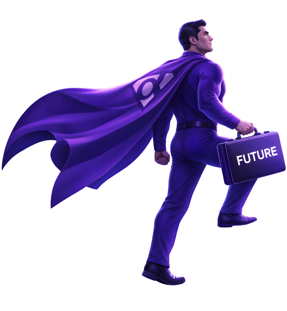 man wearing a cape and holding a suitcase with the words future